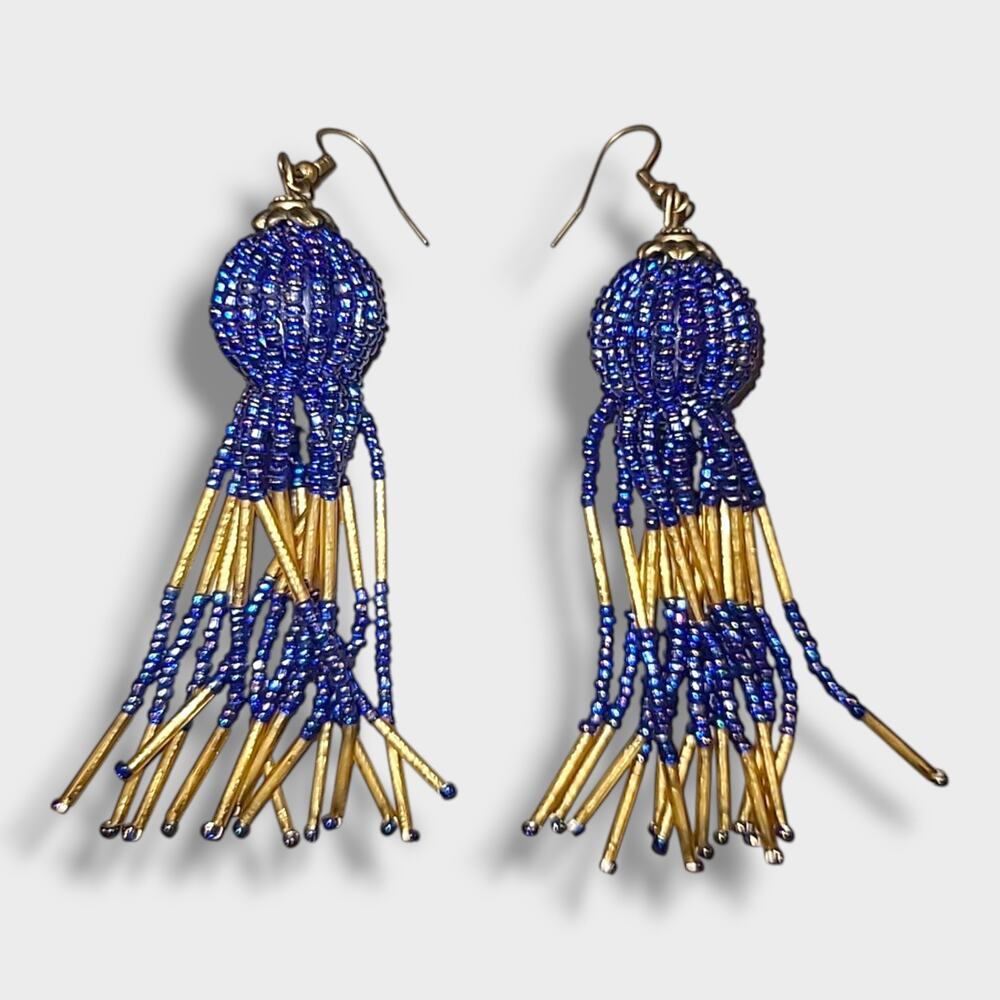Big Blue‎ & Gold Beaded Tassel Dangle Statement Earrings